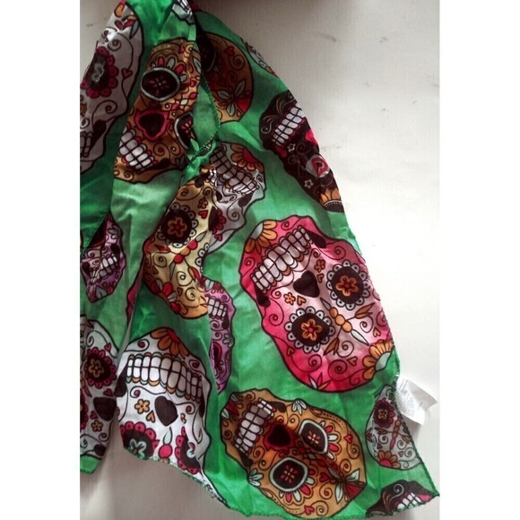 Halloween Scarf Sugar Skull Day Of The Dead  Blue Turquoise 11 x 60 In Colorful - Picture 4 of 4